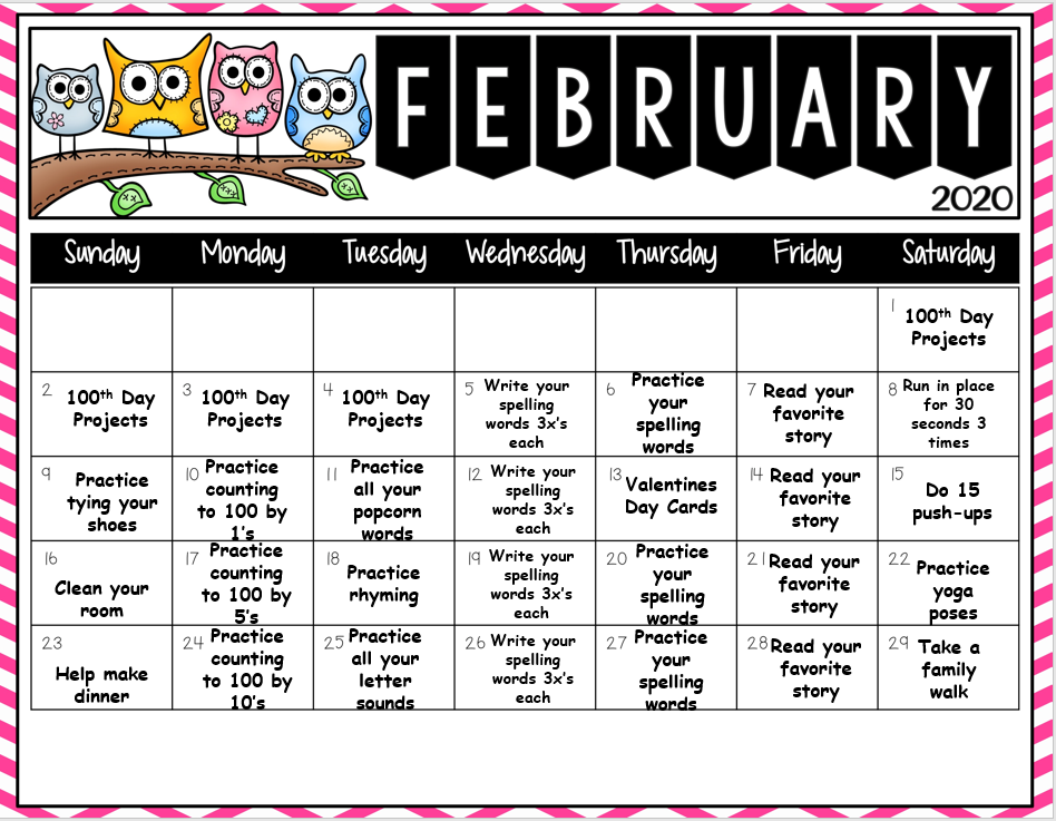 Homework Calendars Mr. Muise's Kindergarten Class