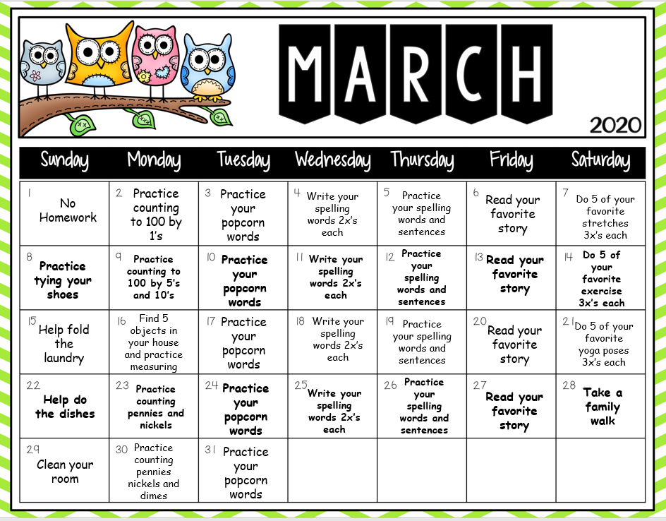 kindergarten monthly homework calendar